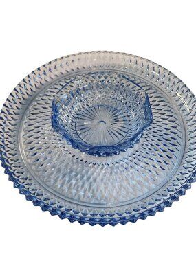 Vintage Indiana Glass Diamond Point torte plate / dip bowl set Ice Blue 1960's